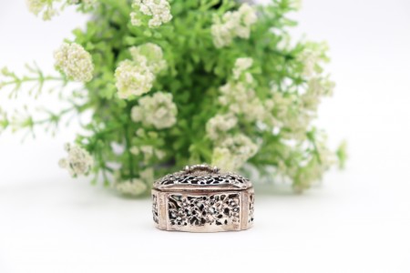 Caixa de comprimidos de prata profusamente recortada e em forma de baú